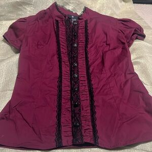 Medium Gothic Blouse, Burgundy Wine with Black Lace Button Down
